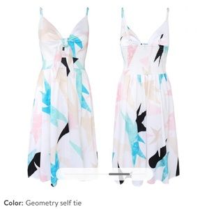 White geometry print self tie midi spaghetti strap dress